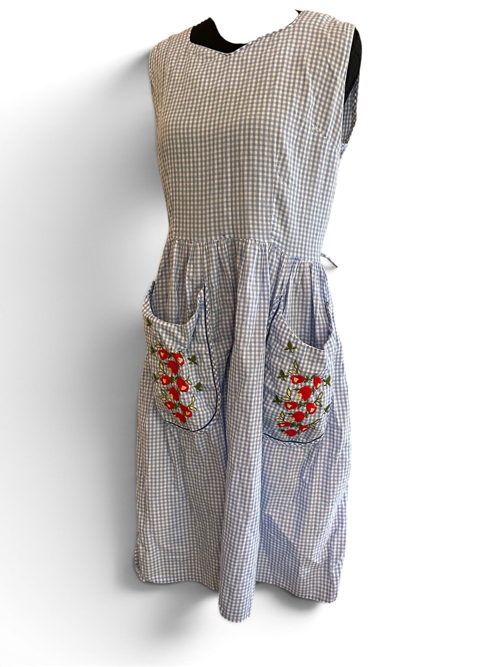 Blue Gingham Vintage Handmade Apron Dress with Embroidered Pockets